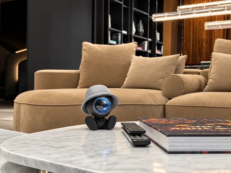 NORAA on a marble coffee table in front of a sofa — prototype photograph
